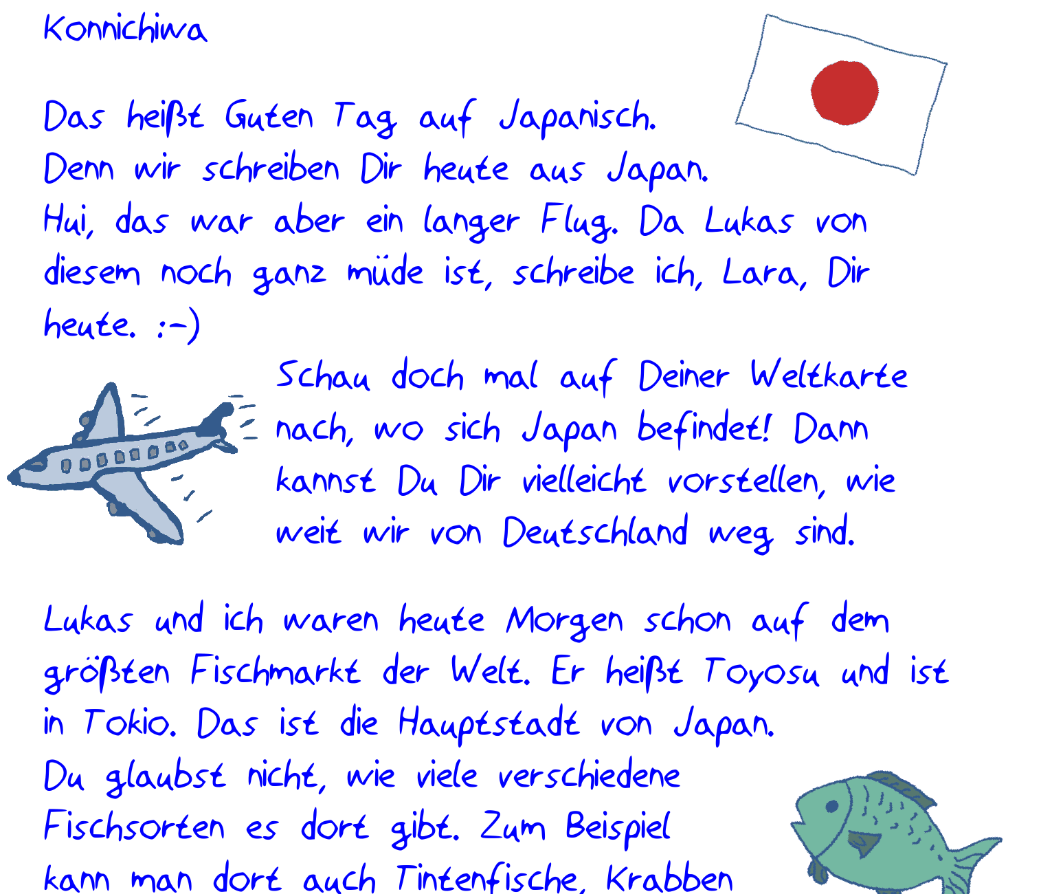Ausschnitt aus dem echten Länderbrief aus Japan, mit der Hand geschrieben
